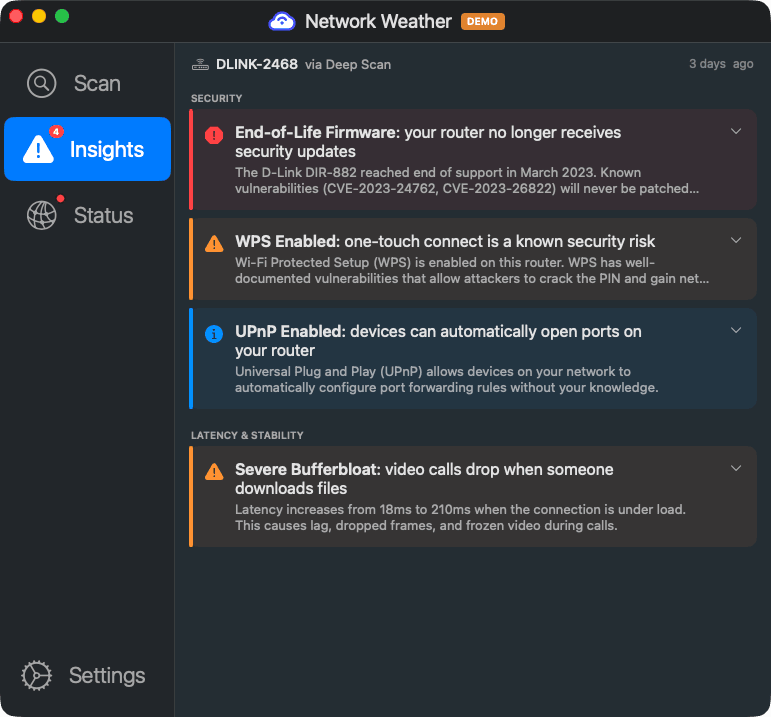 Network Weather Insights tab showing end-of-life firmware with CVEs, WPS enabled, and UPnP exposure warnings