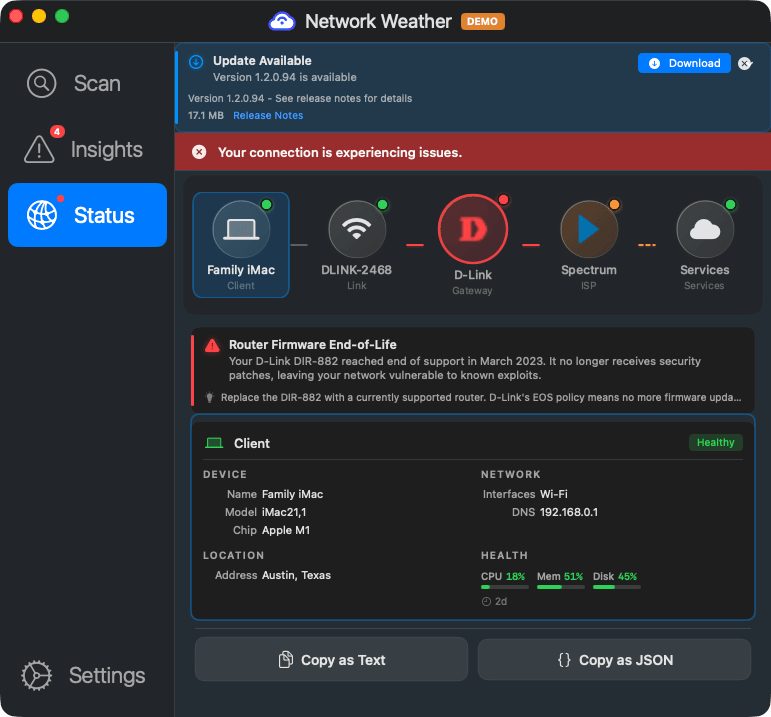 Network Weather Status tab showing end-of-life D-Link router with replacement recommendation