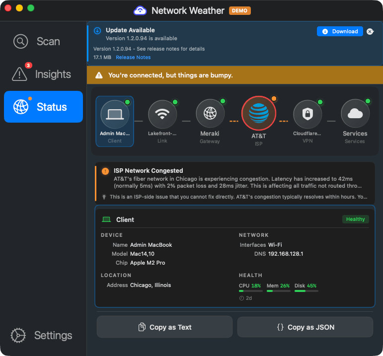 Network Weather Status tab showing bumpy connection with AT&T ISP congestion and per-hop latency